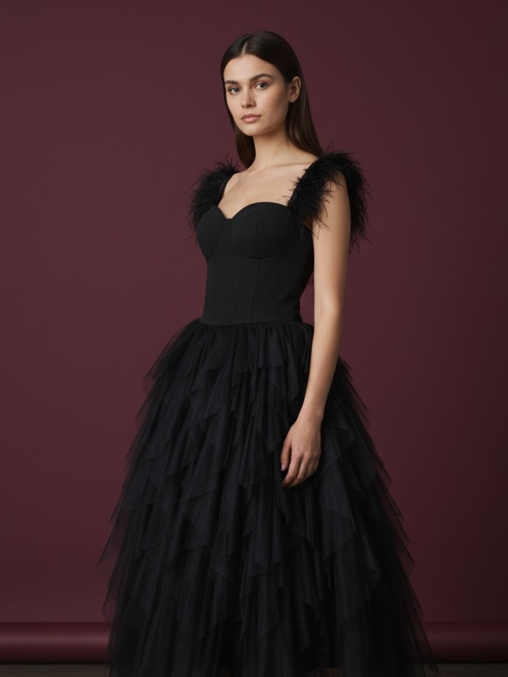 Feather Straps Black Party Gown